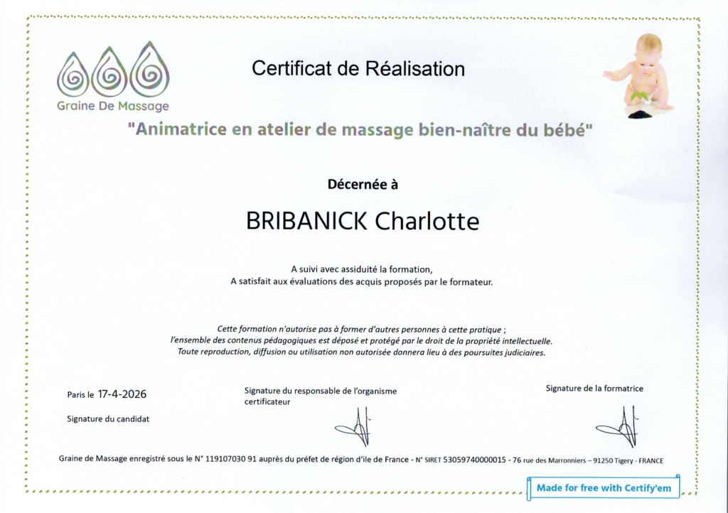 certificat animtrice atelier massage bébé